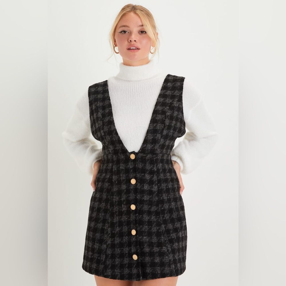 Lulu's Sz Medium Proper Cutie Black Plaid Tweed Preppy Jumper Pinafore Dress - Picture 3 of 6